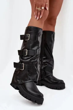 Boto Kozaki Ocieplane|Kozaki Płaskie*Ocieplane Kozaki Damskie Ze Srebrnymi Klamrami Czarne Isavine