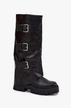 Boto Kozaki Ocieplane|Kozaki Płaskie*Ocieplane Kozaki Damskie Ze Srebrnymi Klamrami Czarne Isavine