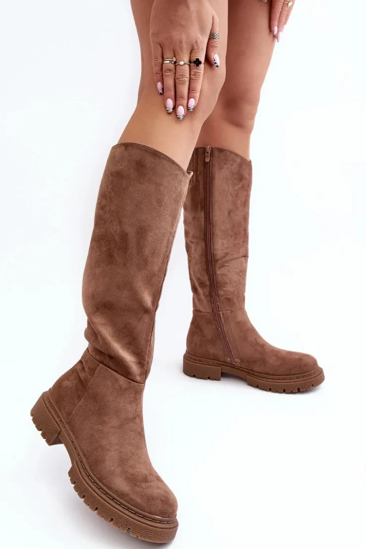 Hot Evento Ocieplane Kozaki Damskie Przed Kolano Brązowe Heliofa Brązowy