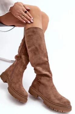 Hot Evento Ocieplane Kozaki Damskie Przed Kolano Brązowe Heliofa Brązowy