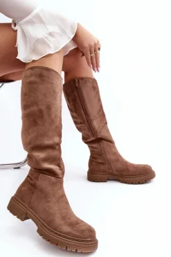 Hot Evento Ocieplane Kozaki Damskie Przed Kolano Brązowe Heliofa Brązowy