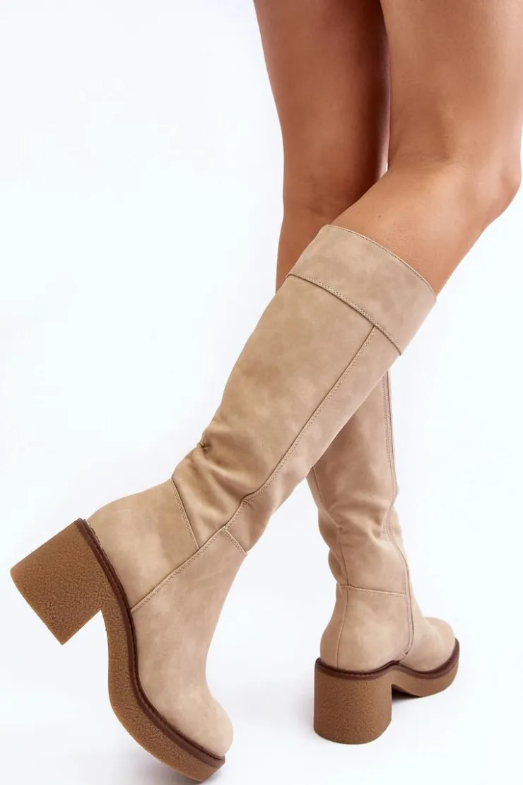 Buty Sergio Leone Kozaki Przed Kolano|Kozaki Na Obcasie*Ocieplane Kozaki Damskie Na Masywnym Obcasie Beżowe Calvisa