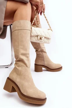 Buty Sergio Leone Kozaki Przed Kolano|Kozaki Na Obcasie*Ocieplane Kozaki Damskie Na Masywnym Obcasie Beżowe Calvisa
