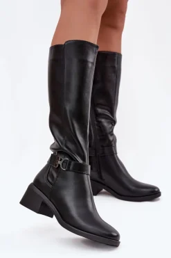 Damskie Buty Sergio Leone Ocieplane Kozaki Damskie Na Klocku Z Paskiem Sergio Leone KZ25826 Czarne