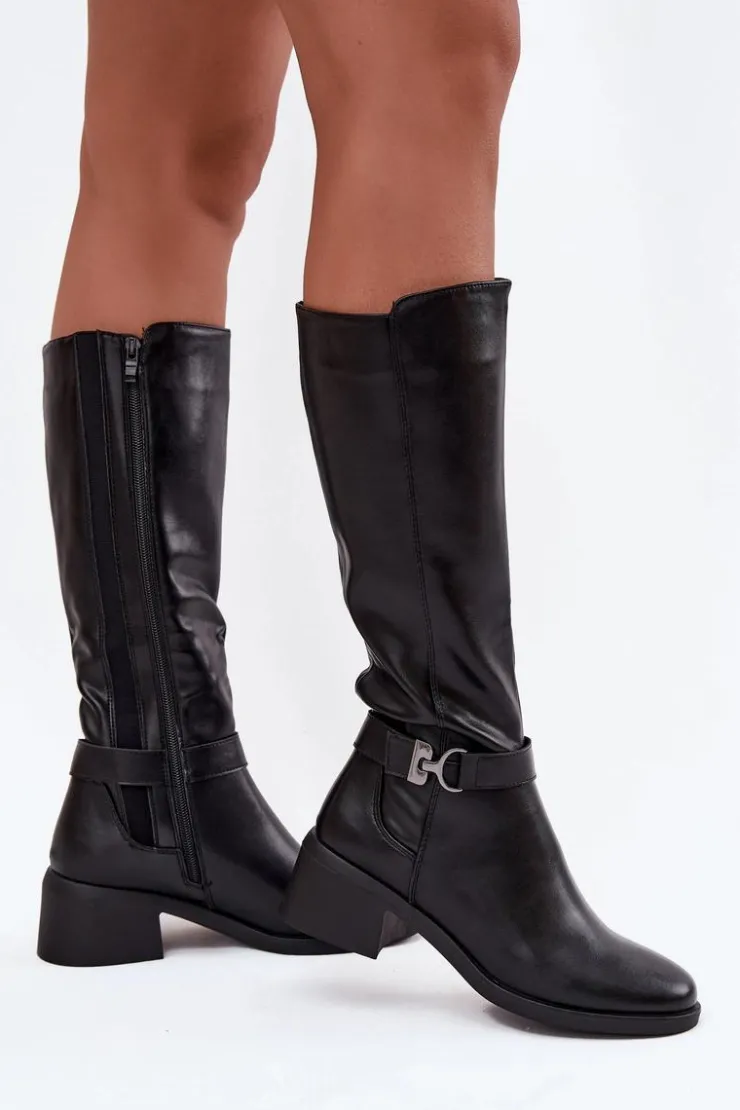 Damskie Buty Sergio Leone Ocieplane Kozaki Damskie Na Klocku Z Paskiem Sergio Leone KZ25826 Czarne