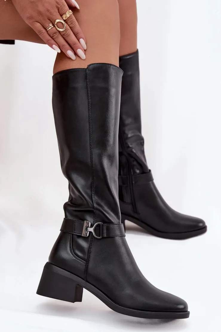 Damskie Buty Sergio Leone Ocieplane Kozaki Damskie Na Klocku Z Paskiem Sergio Leone KZ25826 Czarne