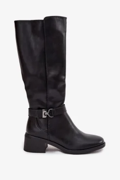 Damskie Buty Sergio Leone Ocieplane Kozaki Damskie Na Klocku Z Paskiem Sergio Leone KZ25826 Czarne