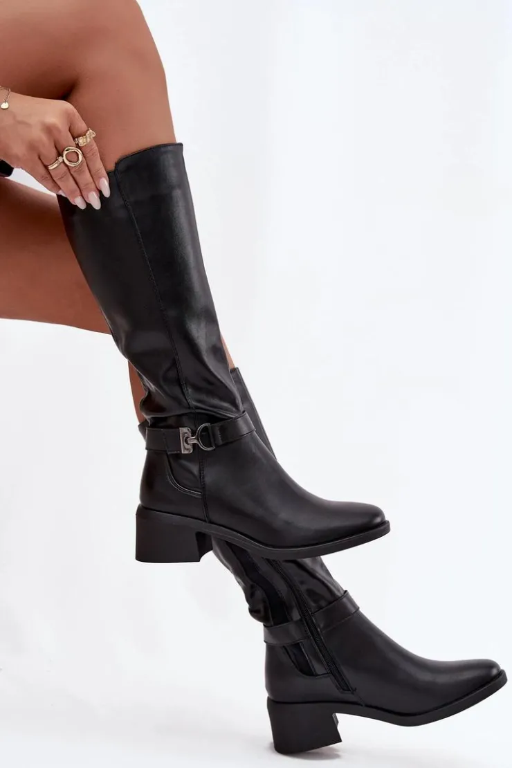 Damskie Buty Sergio Leone Ocieplane Kozaki Damskie Na Klocku Z Paskiem Sergio Leone KZ25826 Czarne