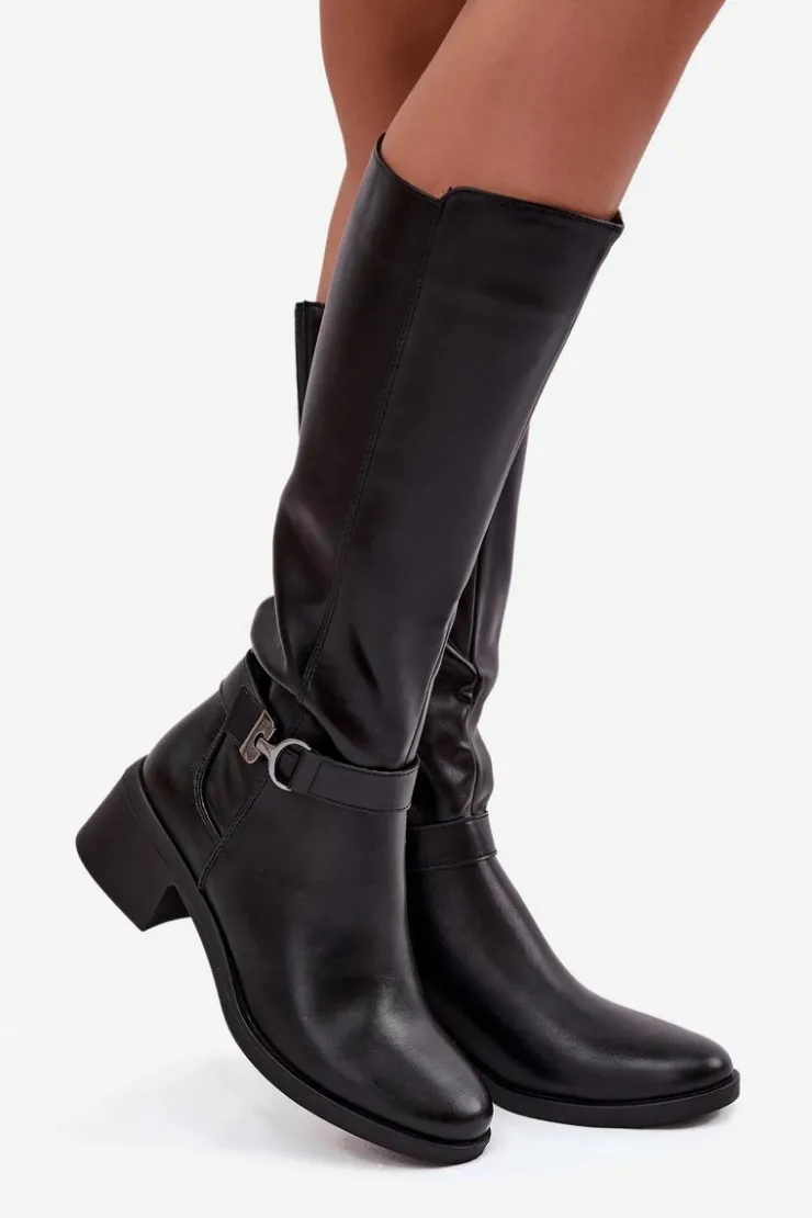 Damskie Buty Sergio Leone Ocieplane Kozaki Damskie Na Klocku Z Paskiem Sergio Leone KZ25826 Czarne