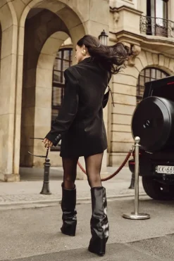 Clearance Boto Ocieplane Kozaki Damskie Z Wywiniętą Cholewką Na Słupku Czarne Elivira Czarny