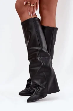 Clearance Boto Ocieplane Kozaki Damskie Z Wywiniętą Cholewką Na Słupku Czarne Elivira Czarny