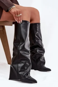 Clearance Boto Ocieplane Kozaki Damskie Z Wywiniętą Cholewką Na Słupku Czarne Elivira Czarny