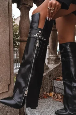 Boto Kozaki Ocieplane|Muszkieterki*Ocieplane Kozaki Damskie Za Kolano Na Słupku Z Paskiem Klamrą I Srebrnym Zamkiem Czarne Reisa