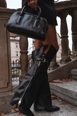 Boto Kozaki Ocieplane|Muszkieterki*Ocieplane Kozaki Damskie Za Kolano Na Słupku Z Paskiem Klamrą I Srebrnym Zamkiem Czarne Reisa