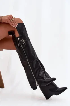 Boto Kozaki Ocieplane|Muszkieterki*Ocieplane Kozaki Damskie Za Kolano Na Słupku Z Paskiem Klamrą I Srebrnym Zamkiem Czarne Reisa