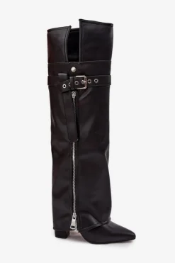 Boto Kozaki Ocieplane|Muszkieterki*Ocieplane Kozaki Damskie Za Kolano Na Słupku Z Paskiem Klamrą I Srebrnym Zamkiem Czarne Reisa