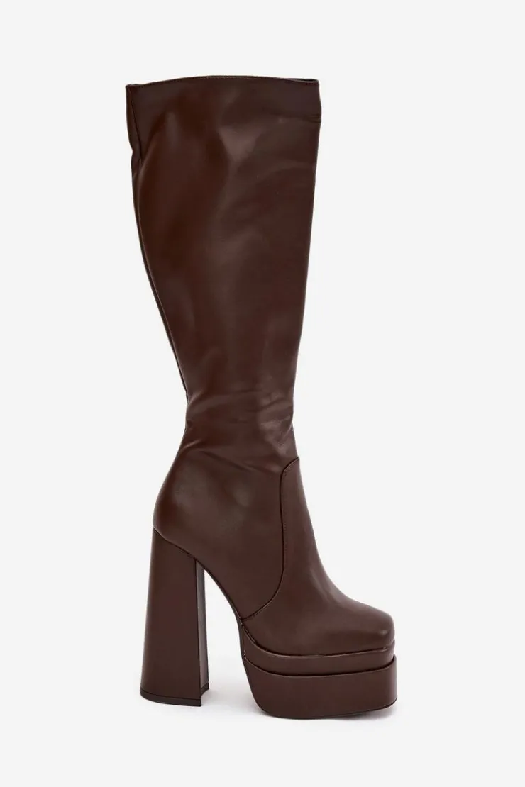 Clearance Boto Ocieplane Kozaki Damskie Na Słupku I Platformie Czekoladowe Lysara