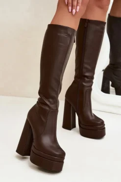 Clearance Boto Ocieplane Kozaki Damskie Na Słupku I Platformie Czekoladowe Lysara