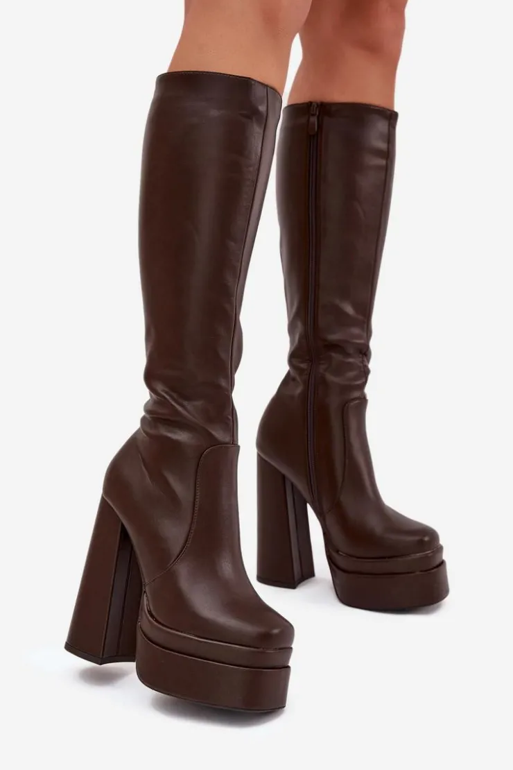 Clearance Boto Ocieplane Kozaki Damskie Na Słupku I Platformie Czekoladowe Lysara