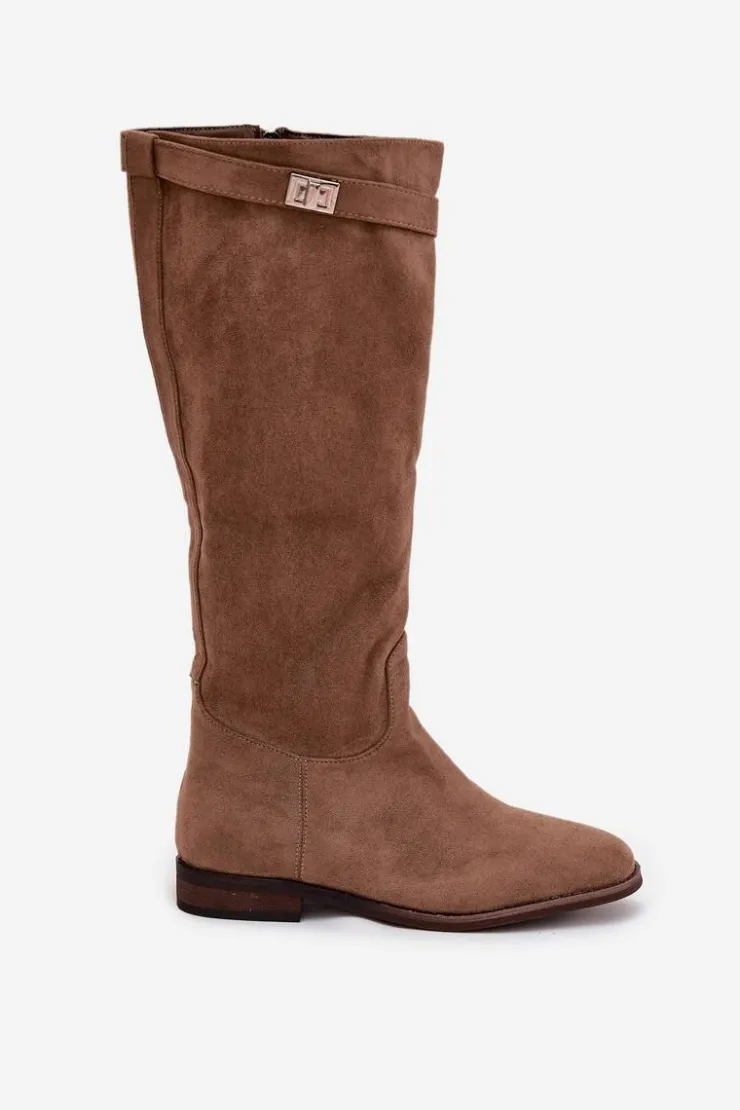 Boto Kozaki Ocieplane|Kozaki Płaskie*Ocieplane Kozaki Damskie Na Płaskim Obcasie Z Paskiem I Srebrnym Detalem Ciemnobeżowe Geraline