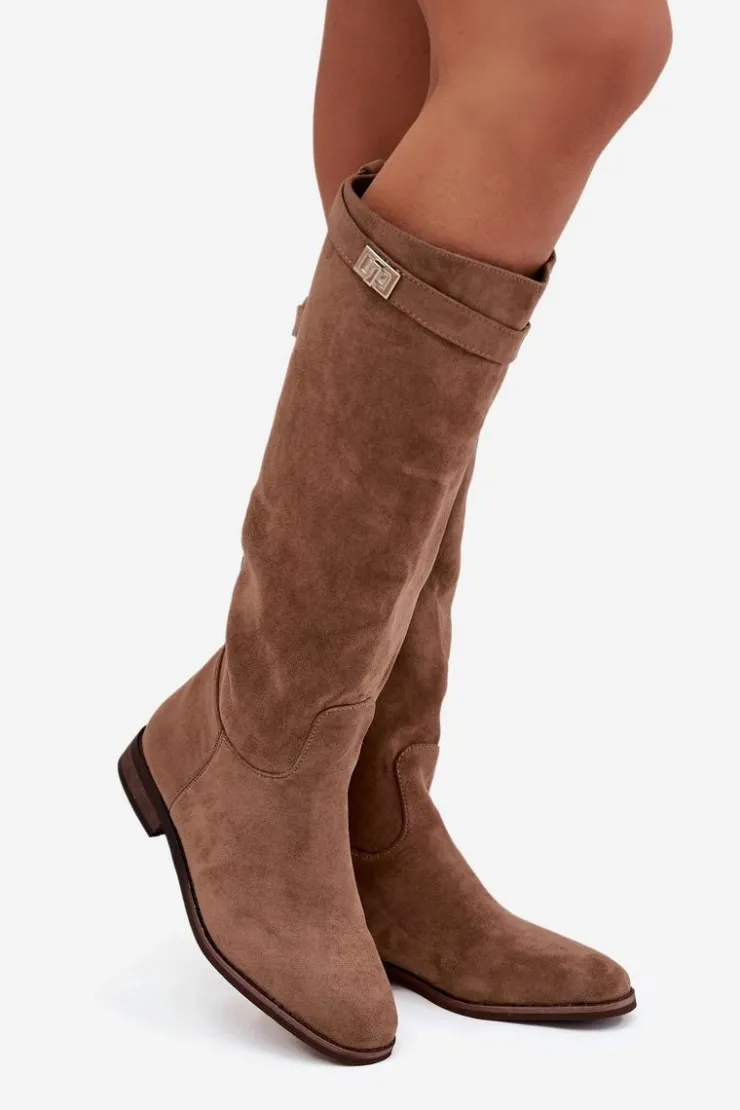 Boto Kozaki Ocieplane|Kozaki Płaskie*Ocieplane Kozaki Damskie Na Płaskim Obcasie Z Paskiem I Srebrnym Detalem Ciemnobeżowe Geraline