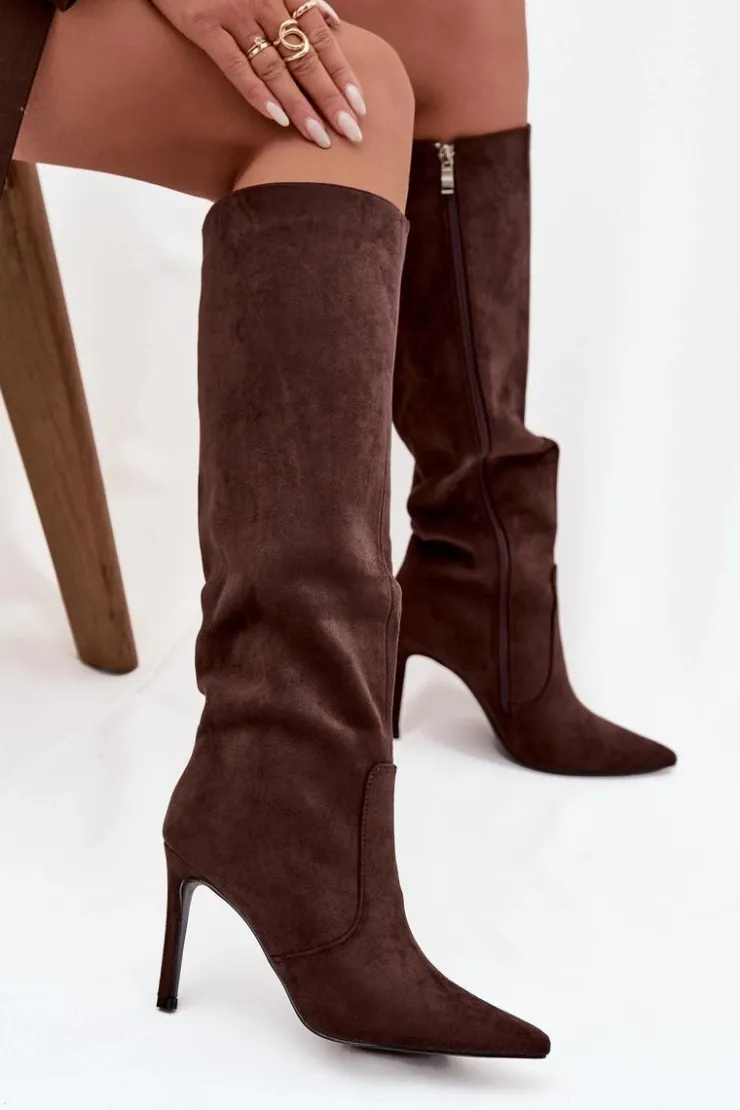 Clearance Boto Ocieplane Kozaki Damskie Na Szpilce Z Eko Zamszu Czekoladowe Rosavine Brązowy