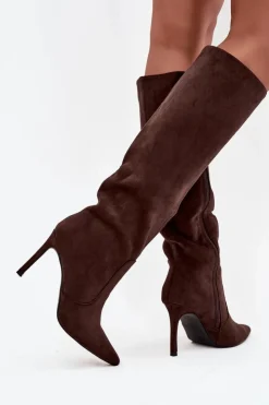 Clearance Boto Ocieplane Kozaki Damskie Na Szpilce Z Eko Zamszu Czekoladowe Rosavine Brązowy