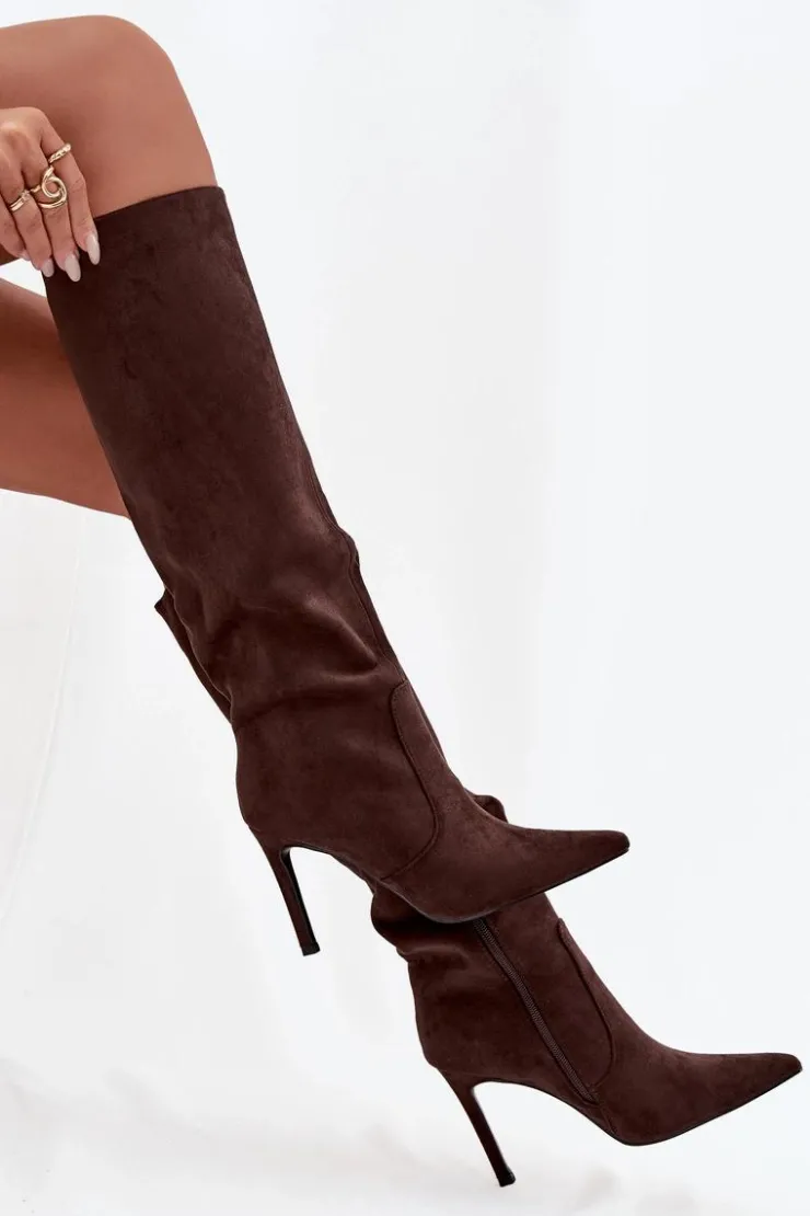 Clearance Boto Ocieplane Kozaki Damskie Na Szpilce Z Eko Zamszu Czekoladowe Rosavine Brązowy