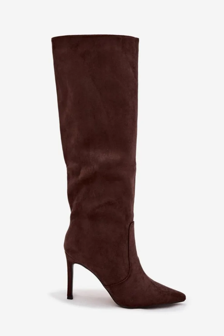 Clearance Boto Ocieplane Kozaki Damskie Na Szpilce Z Eko Zamszu Czekoladowe Rosavine Brązowy