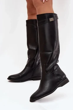 Boto Ocieplane Kozaki Damskie Na Płaskim Obcasie Z Paskiem I Srebrnym Detalem Czarne Geraline