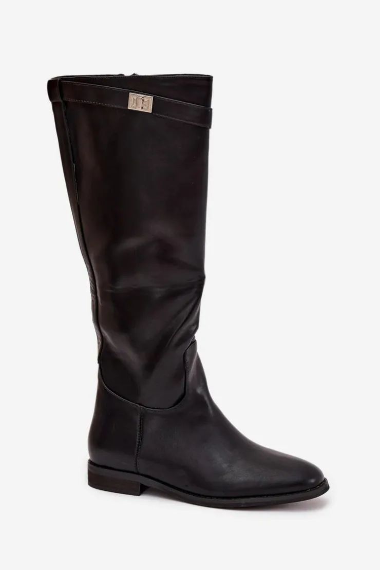 Boto Ocieplane Kozaki Damskie Na Płaskim Obcasie Z Paskiem I Srebrnym Detalem Czarne Geraline