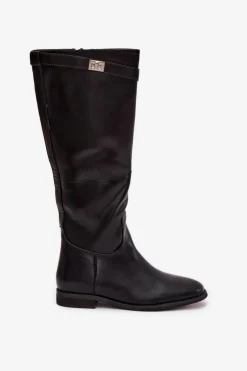 Boto Ocieplane Kozaki Damskie Na Płaskim Obcasie Z Paskiem I Srebrnym Detalem Czarne Geraline