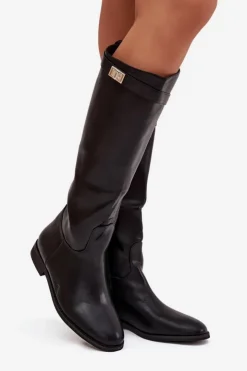 Boto Ocieplane Kozaki Damskie Na Płaskim Obcasie Z Paskiem I Srebrnym Detalem Czarne Geraline