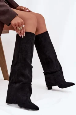 Hot Boto Ocieplane Kozaki Damskie Z Wywiniętą Cholewką Na Słupku Eko Zamszowe Czarne Elivira Czarny