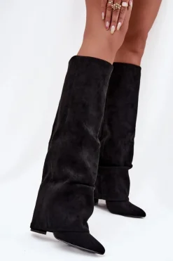 Hot Boto Ocieplane Kozaki Damskie Z Wywiniętą Cholewką Na Słupku Eko Zamszowe Czarne Elivira Czarny