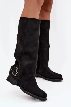 Clearance Boto Ocieplane Kozaki Damskie Z Klamrami Czarne Umbria Czarny