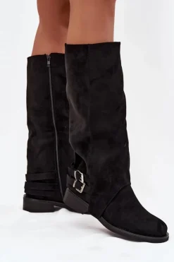 Clearance Boto Ocieplane Kozaki Damskie Z Klamrami Czarne Umbria Czarny