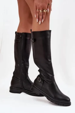 Boto Kozaki Ocieplane|Kozaki Płaskie*Ocieplane Kozaki Damskie Na Płaskim Obcasie Z Klamrami Czarne Sarelle Czarny