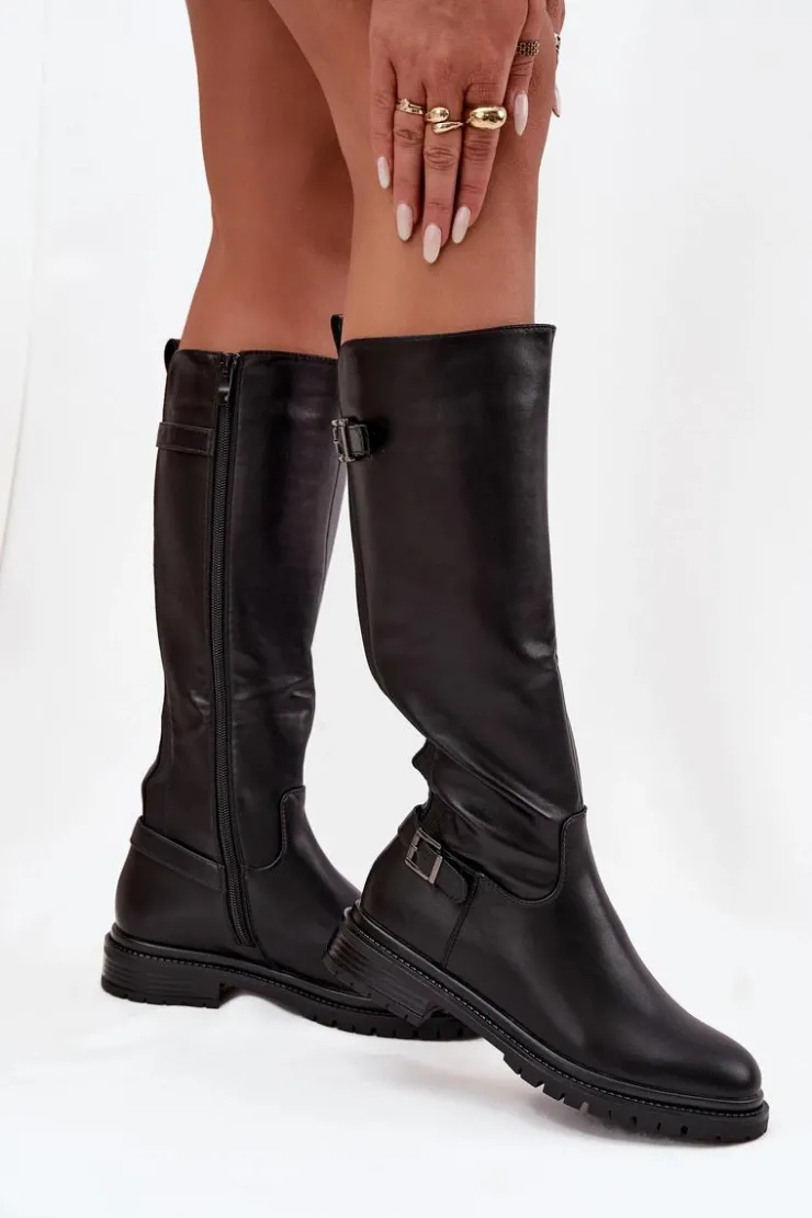 Boto Kozaki Ocieplane|Kozaki Płaskie*Ocieplane Kozaki Damskie Na Płaskim Obcasie Z Klamrami Czarne Sarelle Czarny