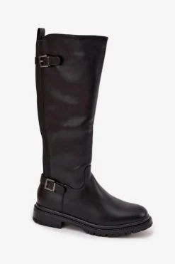 Boto Kozaki Ocieplane|Kozaki Płaskie*Ocieplane Kozaki Damskie Na Płaskim Obcasie Z Klamrami Czarne Sarelle Czarny