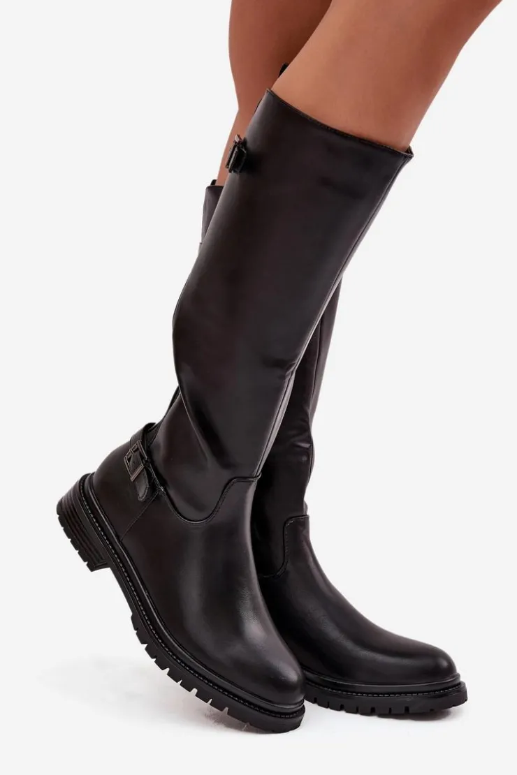 Boto Kozaki Ocieplane|Kozaki Płaskie*Ocieplane Kozaki Damskie Na Płaskim Obcasie Z Klamrami Czarne Sarelle Czarny