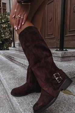 Boto Kozaki Ocieplane|Kozaki Z Wywiniętą Cholewką*Ocieplane Kozaki Damskie Z Klamrami Czekoladowe Umbria Brązowy