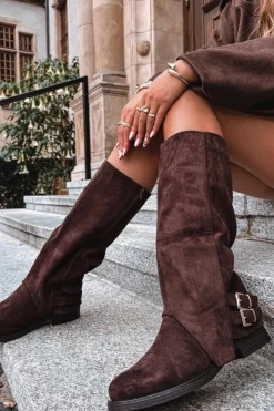 Boto Kozaki Ocieplane|Kozaki Z Wywiniętą Cholewką*Ocieplane Kozaki Damskie Z Klamrami Czekoladowe Umbria Brązowy