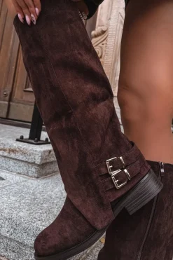 Boto Kozaki Ocieplane|Kozaki Z Wywiniętą Cholewką*Ocieplane Kozaki Damskie Z Klamrami Czekoladowe Umbria Brązowy