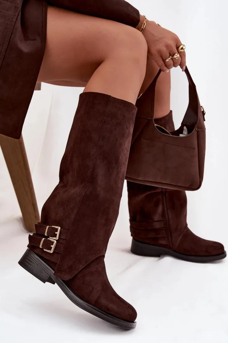 Boto Kozaki Ocieplane|Kozaki Z Wywiniętą Cholewką*Ocieplane Kozaki Damskie Z Klamrami Czekoladowe Umbria Brązowy