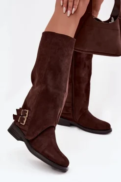 Boto Kozaki Ocieplane|Kozaki Z Wywiniętą Cholewką*Ocieplane Kozaki Damskie Z Klamrami Czekoladowe Umbria Brązowy