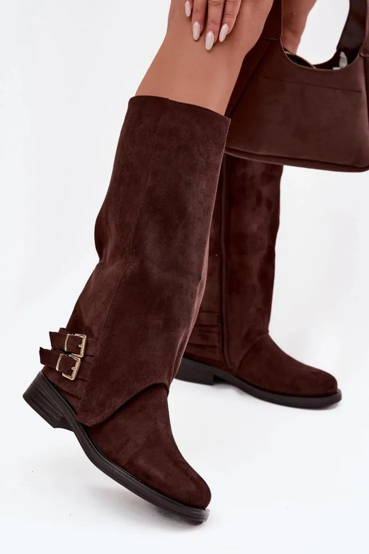 Boto Kozaki Ocieplane|Kozaki Z Wywiniętą Cholewką*Ocieplane Kozaki Damskie Z Klamrami Czekoladowe Umbria Brązowy