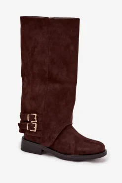 Boto Kozaki Ocieplane|Kozaki Z Wywiniętą Cholewką*Ocieplane Kozaki Damskie Z Klamrami Czekoladowe Umbria Brązowy