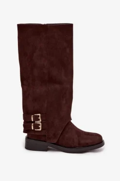 Boto Kozaki Ocieplane|Kozaki Z Wywiniętą Cholewką*Ocieplane Kozaki Damskie Z Klamrami Czekoladowe Umbria Brązowy