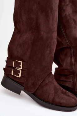 Boto Kozaki Ocieplane|Kozaki Z Wywiniętą Cholewką*Ocieplane Kozaki Damskie Z Klamrami Czekoladowe Umbria Brązowy